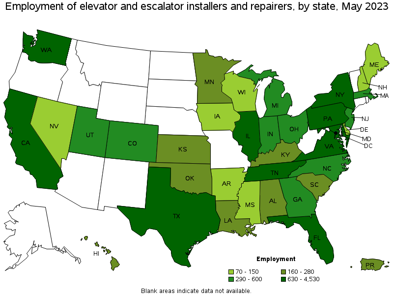 Map of employment of elevator and escalator installers and repairers by state, May 2022