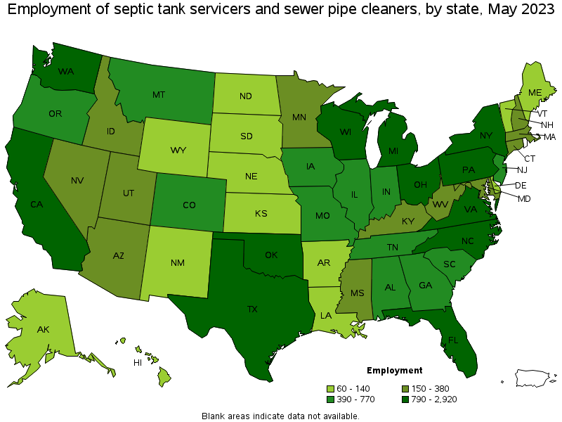 Map of employment of septic tank servicers and sewer pipe cleaners by state, May 2021