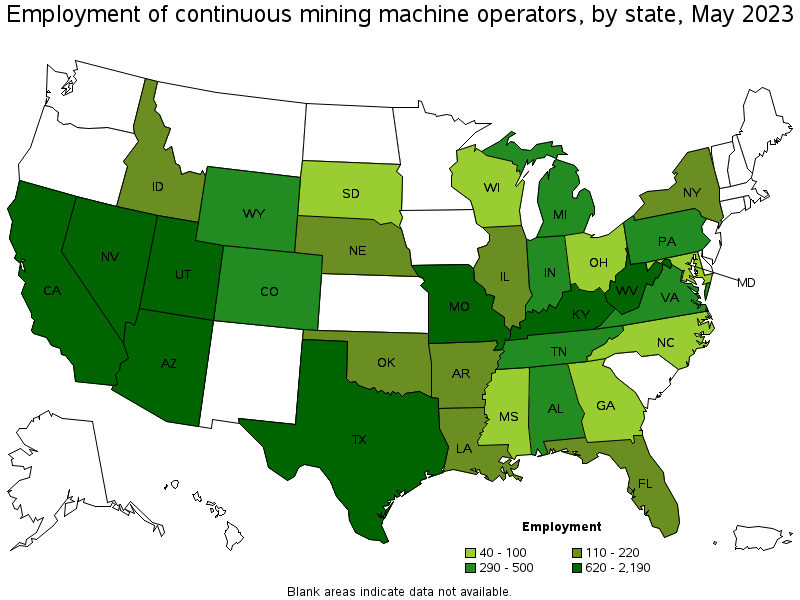 Map of employment of continuous mining machine operators by state, May 2021