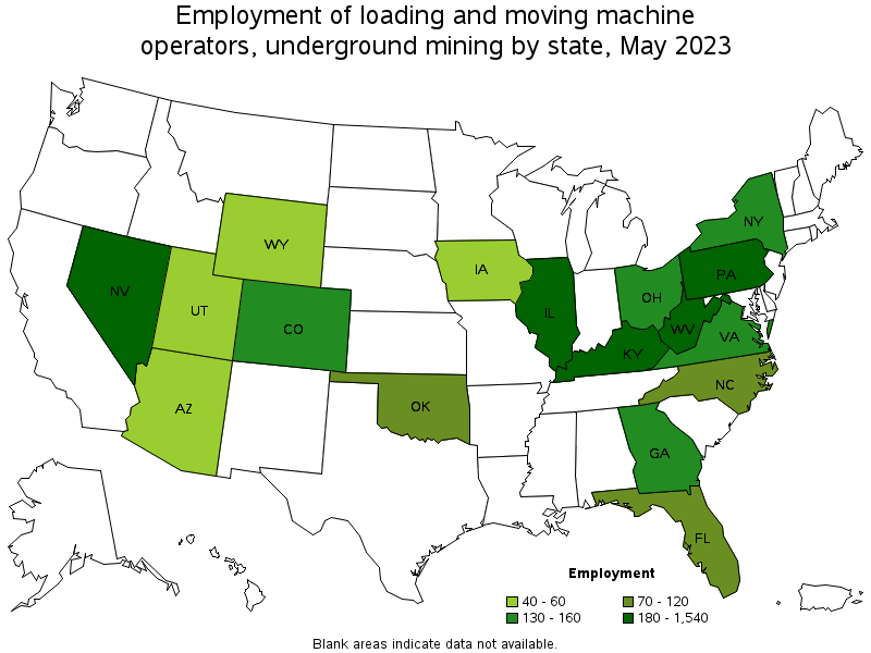 Map of employment of loading and moving machine operators, underground mining by state, May 2022