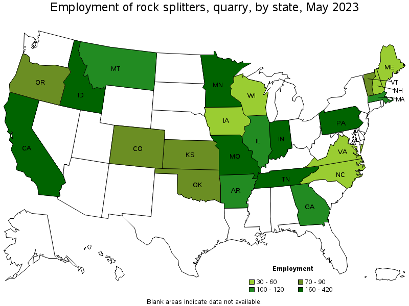 Map of employment of rock splitters, quarry by state, May 2022