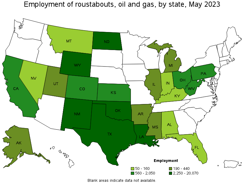 Map of employment of roustabouts, oil and gas by state, May 2022