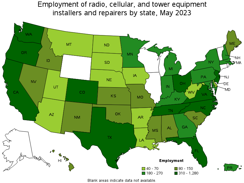 Map of employment of radio, cellular, and tower equipment installers and repairers by state, May 2021
