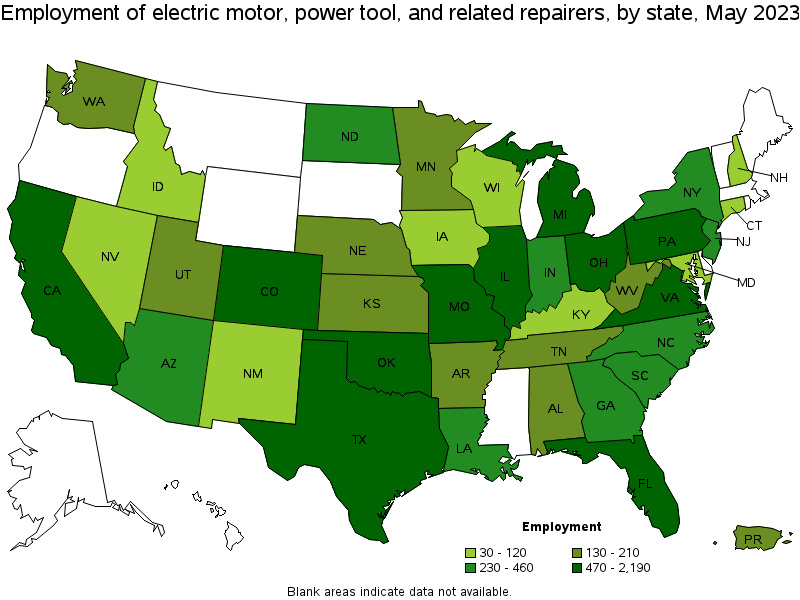 Map of employment of electric motor, power tool, and related repairers by state, May 2021