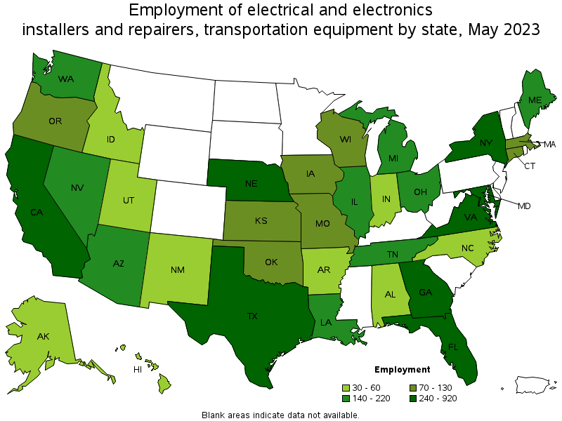 Map of employment of electrical and electronics installers and repairers, transportation equipment by state, May 2021
