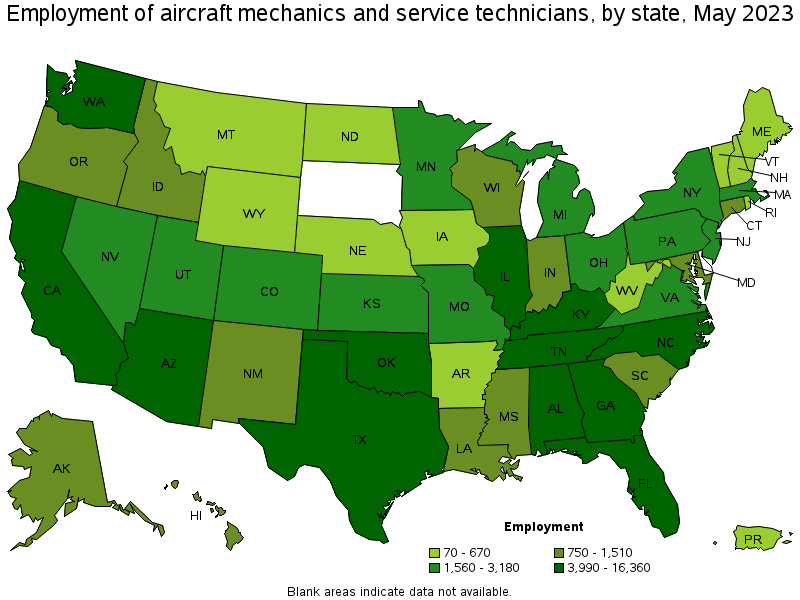 Map of employment of aircraft mechanics and service technicians by state, May 2021
