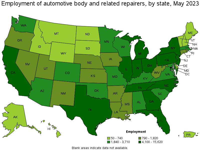 Map of employment of automotive body and related repairers by state, May 2022