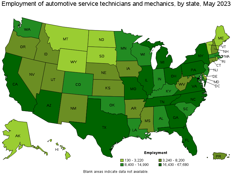 Map of employment of automotive service technicians and mechanics by state, May 2021