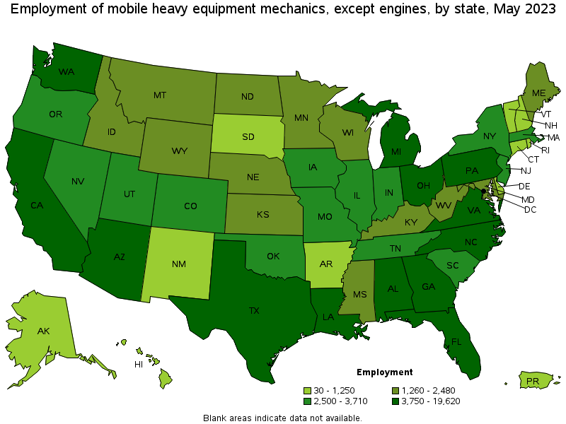 Map of employment of mobile heavy equipment mechanics, except engines by state, May 2022