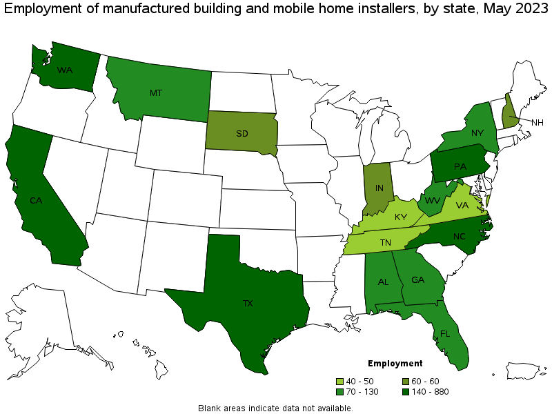 Map of employment of manufactured building and mobile home installers by state, May 2022