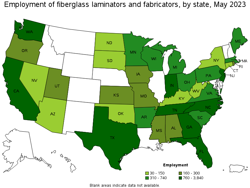 Map of employment of fiberglass laminators and fabricators by state, May 2021