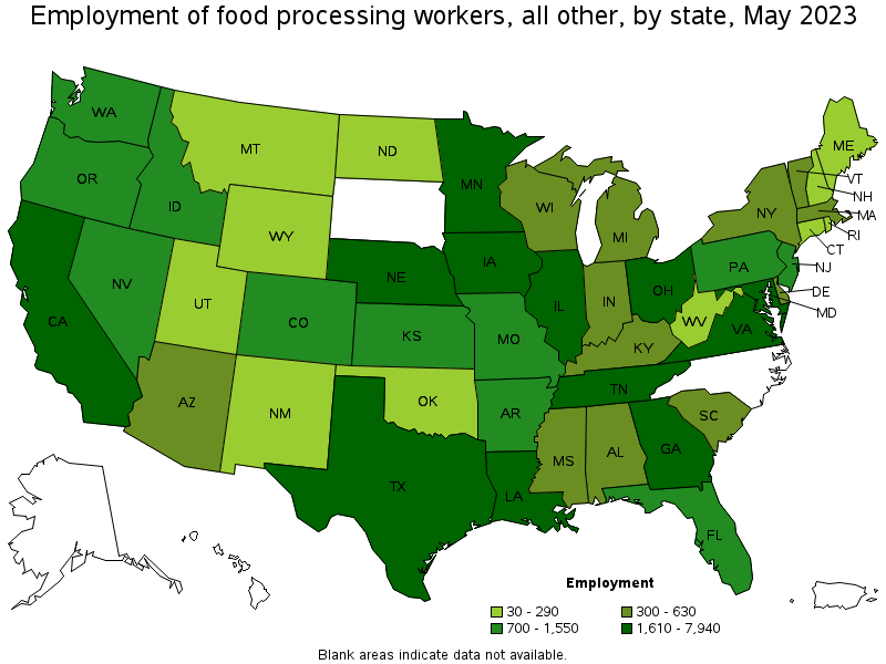 Map of employment of food processing workers, all other by state, May 2021