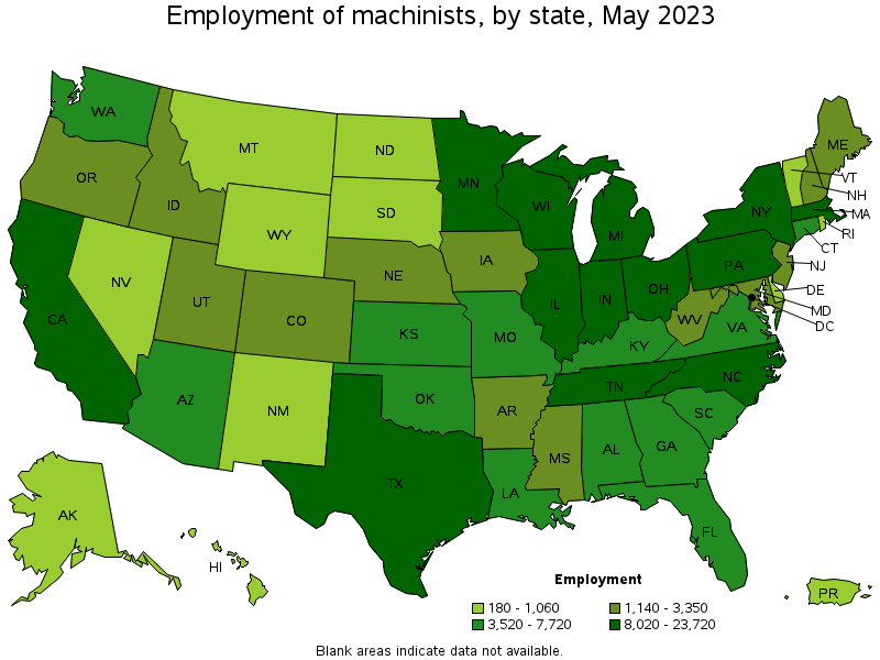 Map of employment of machinists by state, May 2021