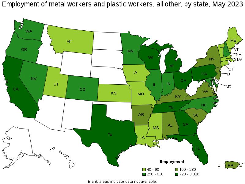 Map of employment of metal workers and plastic workers, all other by state, May 2021
