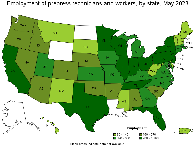 Map of employment of prepress technicians and workers by state, May 2021