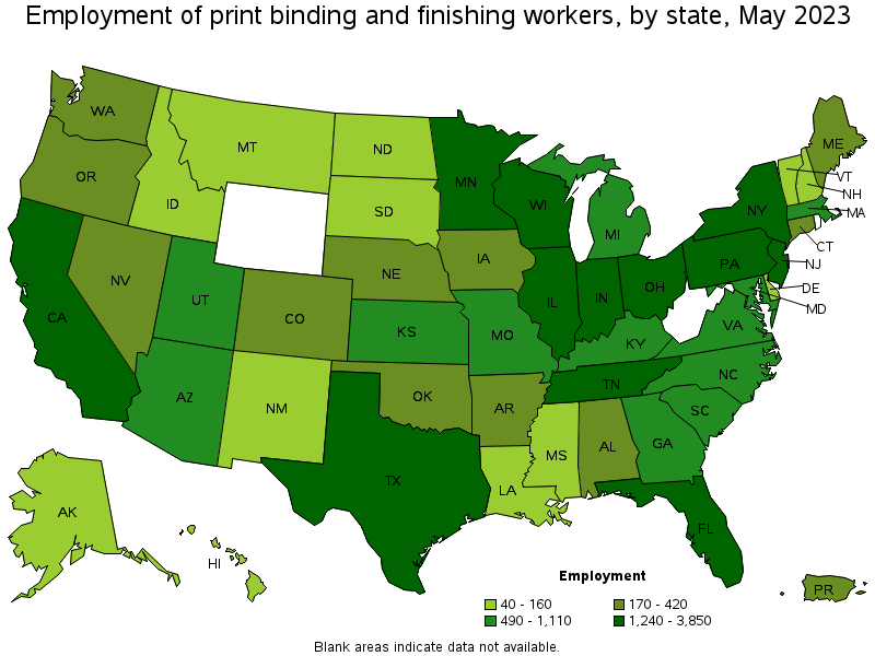 Map of employment of print binding and finishing workers by state, May 2021