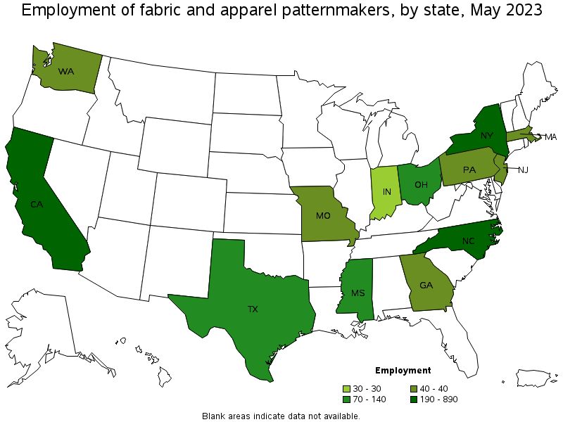 Map of employment of fabric and apparel patternmakers by state, May 2022