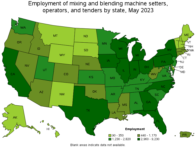 Map of employment of mixing and blending machine setters, operators, and tenders by state, May 2022