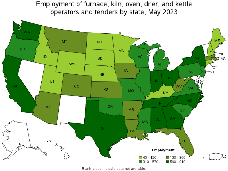 Map of employment of furnace, kiln, oven, drier, and kettle operators and tenders by state, May 2021