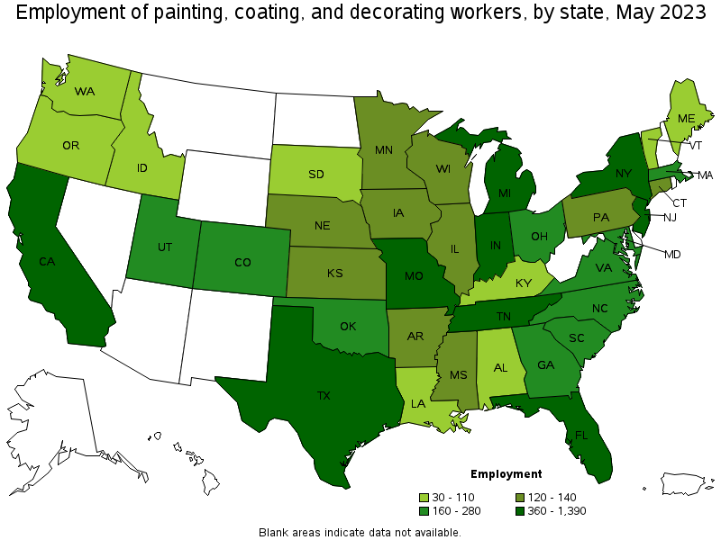 Map of employment of painting, coating, and decorating workers by state, May 2021
