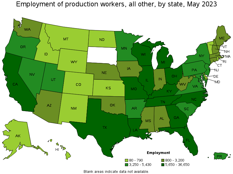 Map of employment of production workers, all other by state, May 2021