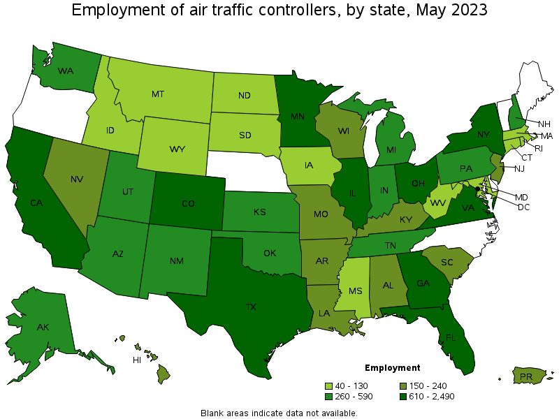 Map of employment of air traffic controllers by state, May 2021