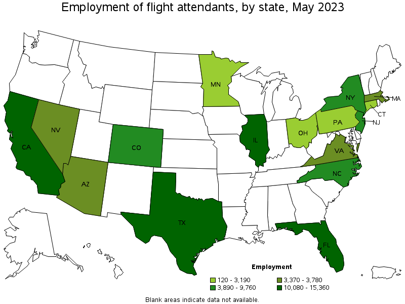 Map of employment of flight attendants by state, May 2022