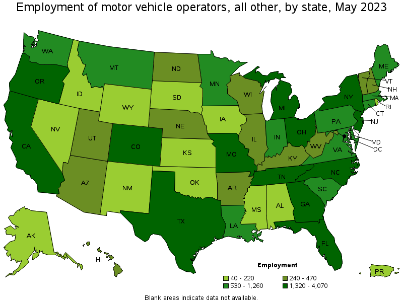 Map of employment of motor vehicle operators, all other by state, May 2021