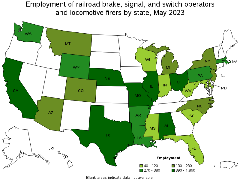 Map of employment of railroad brake, signal, and switch operators and locomotive firers by state, May 2022