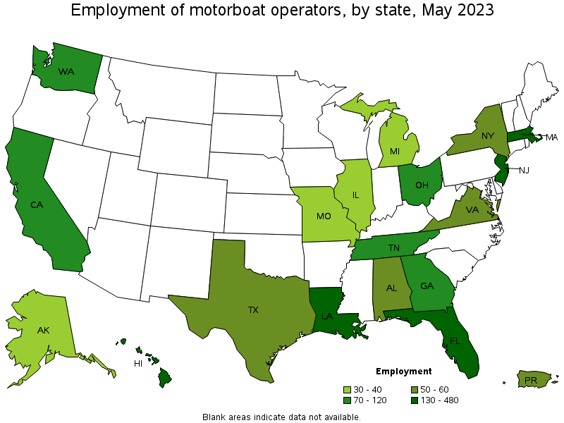 Map of employment of motorboat operators by state, May 2022