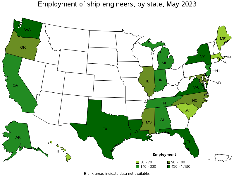 Map of employment of ship engineers by state, May 2022