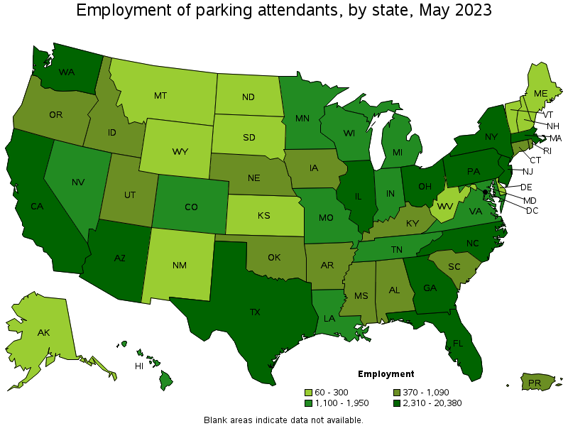 Map of employment of parking attendants by state, May 2022