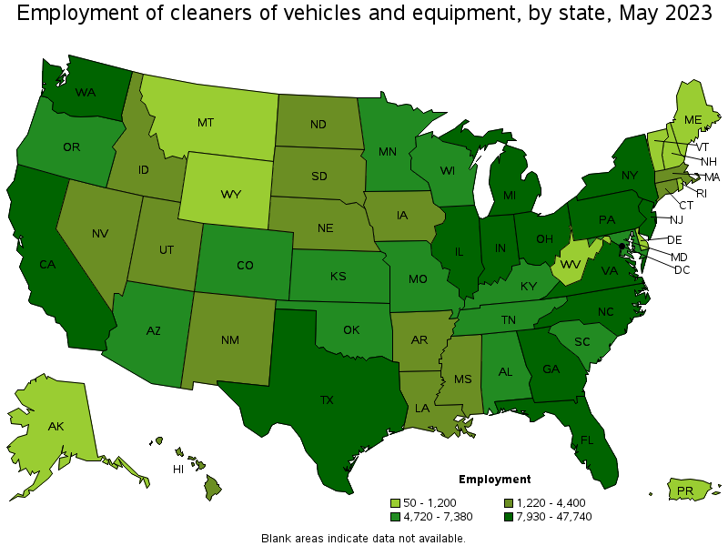 Map of employment of cleaners of vehicles and equipment by state, May 2021