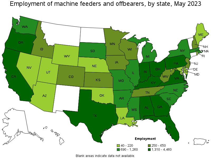 Map of employment of machine feeders and offbearers by state, May 2021