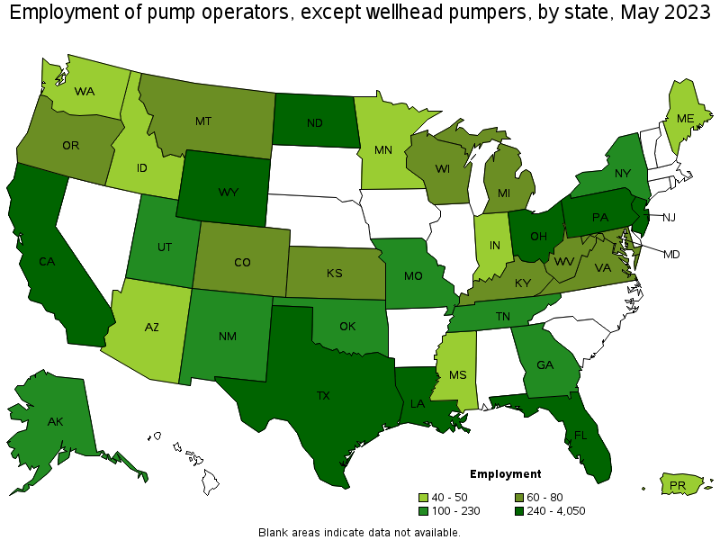 Map of employment of pump operators, except wellhead pumpers by state, May 2022