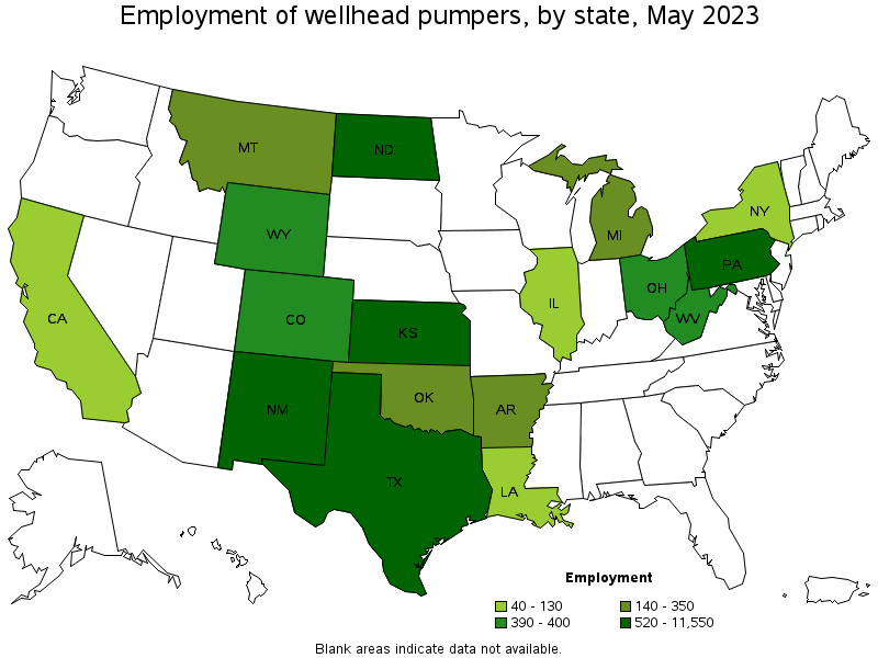 Map of employment of wellhead pumpers by state, May 2021