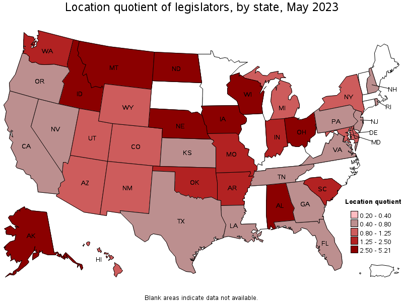Map of location quotient of legislators by state, May 2021