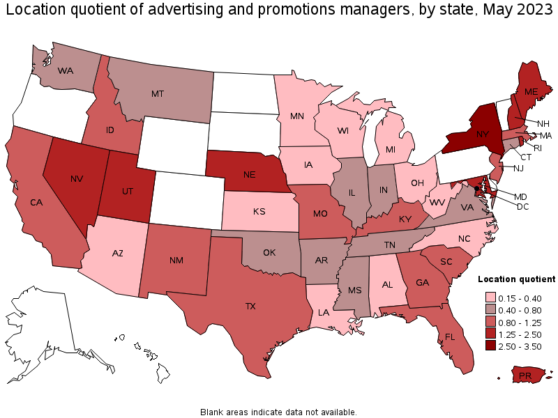 Map of location quotient of advertising and promotions managers by state, May 2022