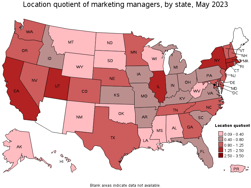 Map of location quotient of marketing managers by state, May 2021