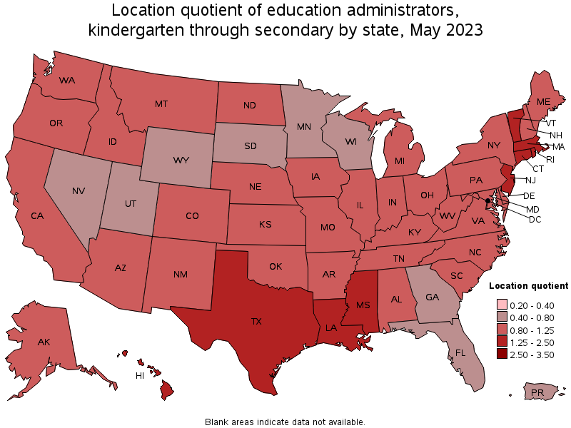 Map of location quotient of education administrators, kindergarten through secondary by state, May 2021