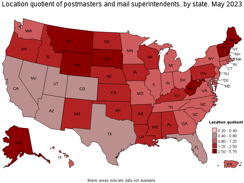 Map of location quotient of postmasters and mail superintendents by state, May 2022