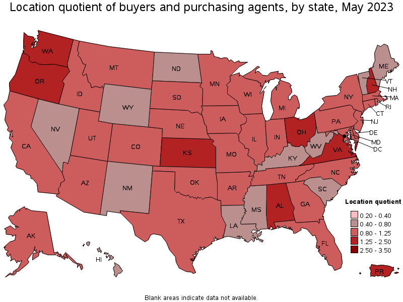 Map of location quotient of buyers and purchasing agents by state, May 2021