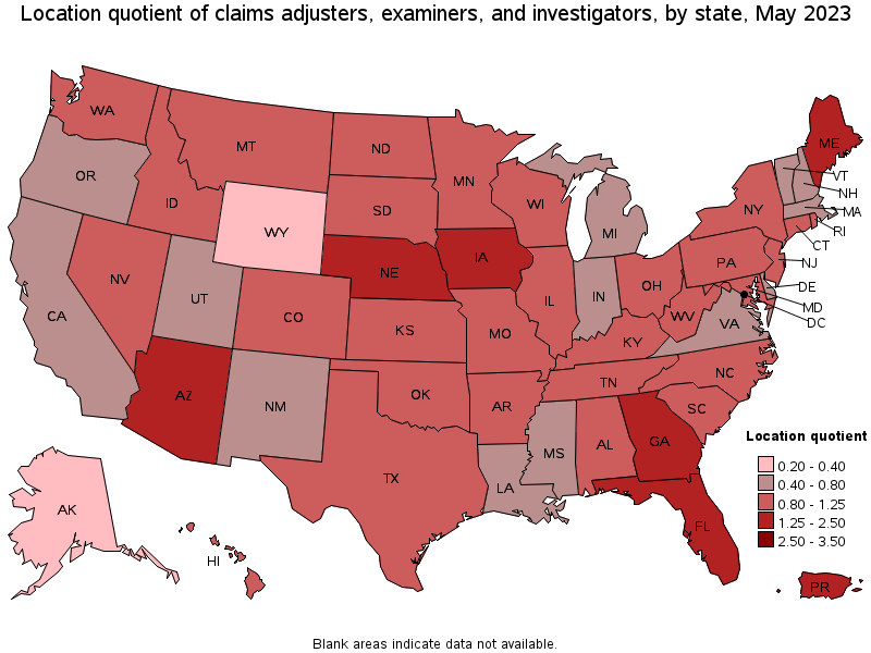 Map of location quotient of claims adjusters, examiners, and investigators by state, May 2021