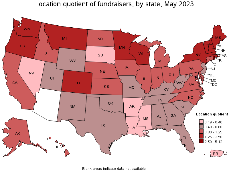Map of location quotient of fundraisers by state, May 2022