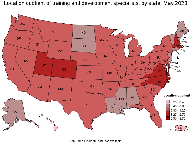 Map of location quotient of training and development specialists by state, May 2021