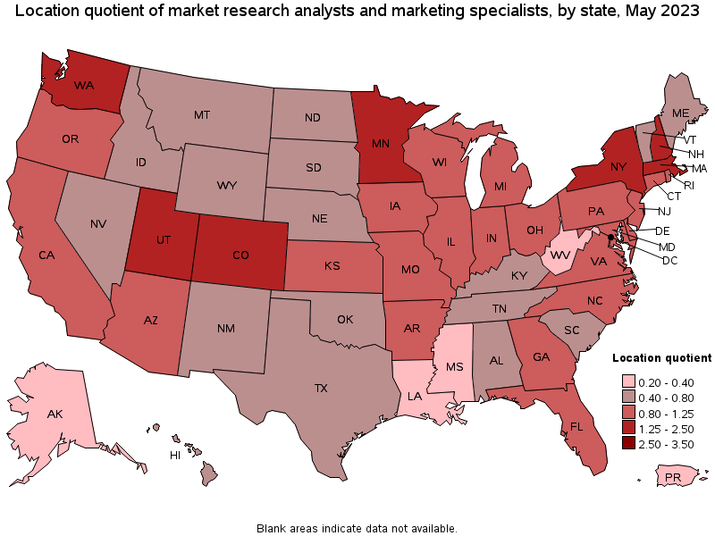 Map of location quotient of market research analysts and marketing specialists by state, May 2021