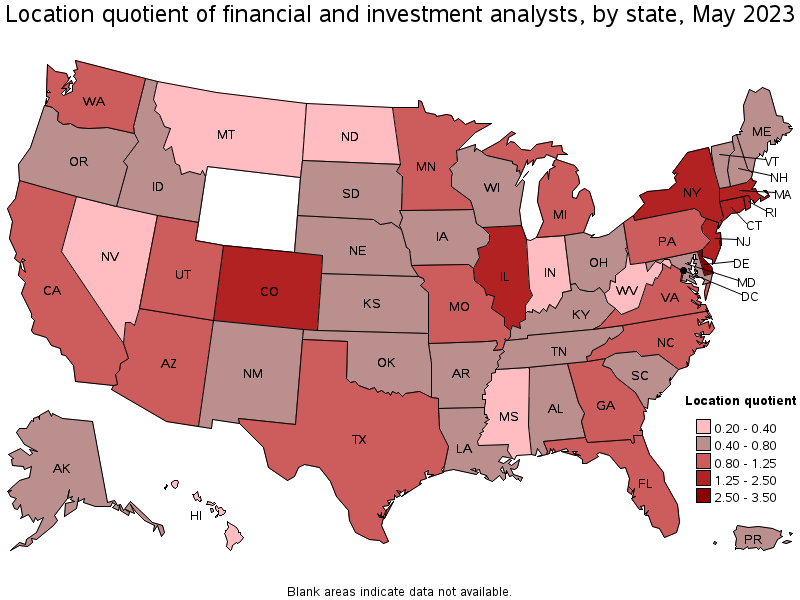 Map of location quotient of financial and investment analysts by state, May 2021