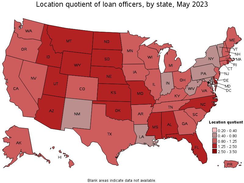 Map of location quotient of loan officers by state, May 2021