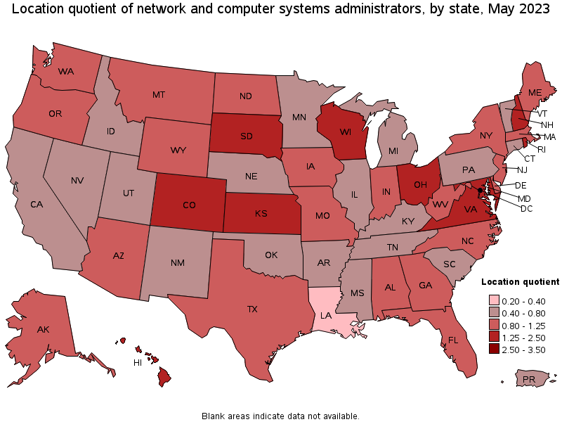 Map of location quotient of network and computer systems administrators by state, May 2022