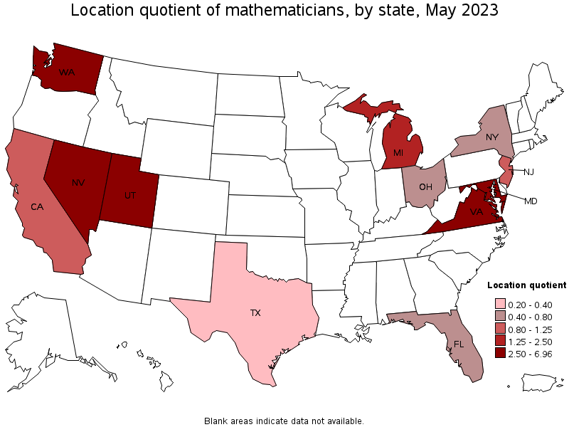 Map of location quotient of mathematicians by state, May 2022